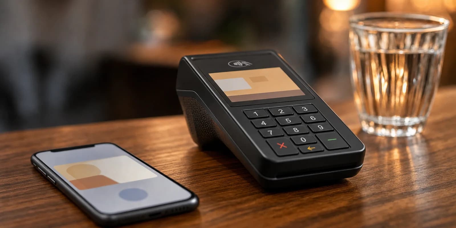 A payment terminal and a phone showing a checkout