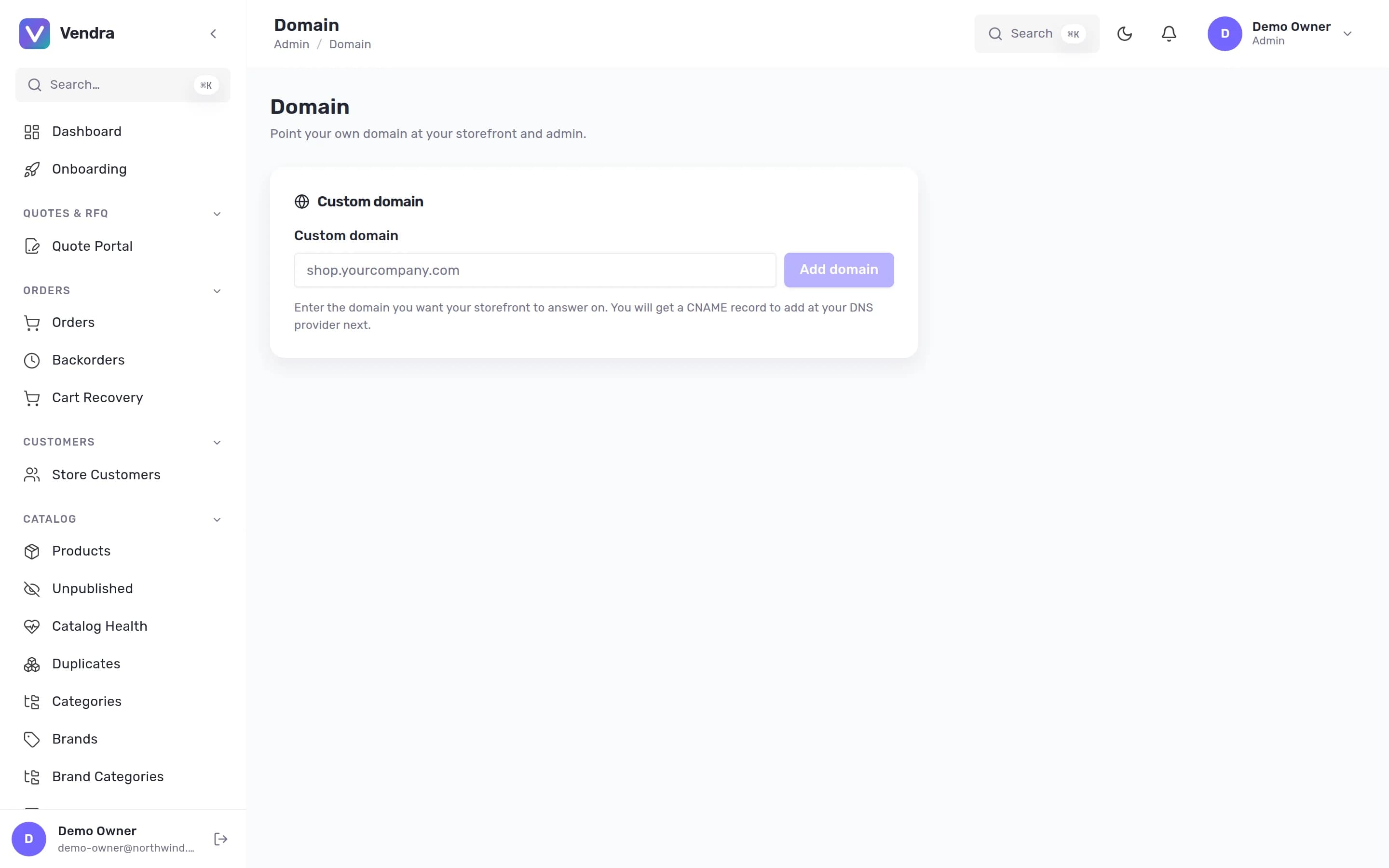 The domain and region settings screen with a custom domain connected
