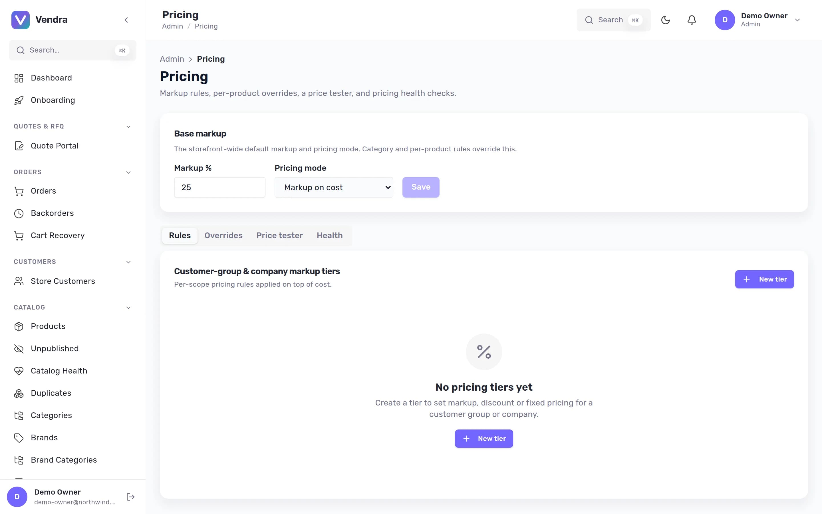 A pricing rule builder showing tiered discounts by customer group and quantity