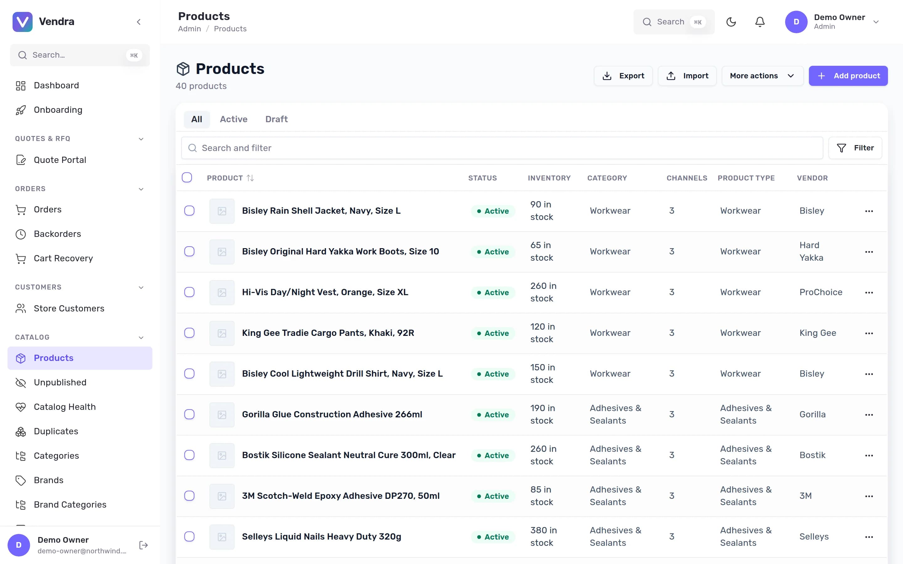 The product catalog list showing thousands of imported SKUs with stock and pricing columns