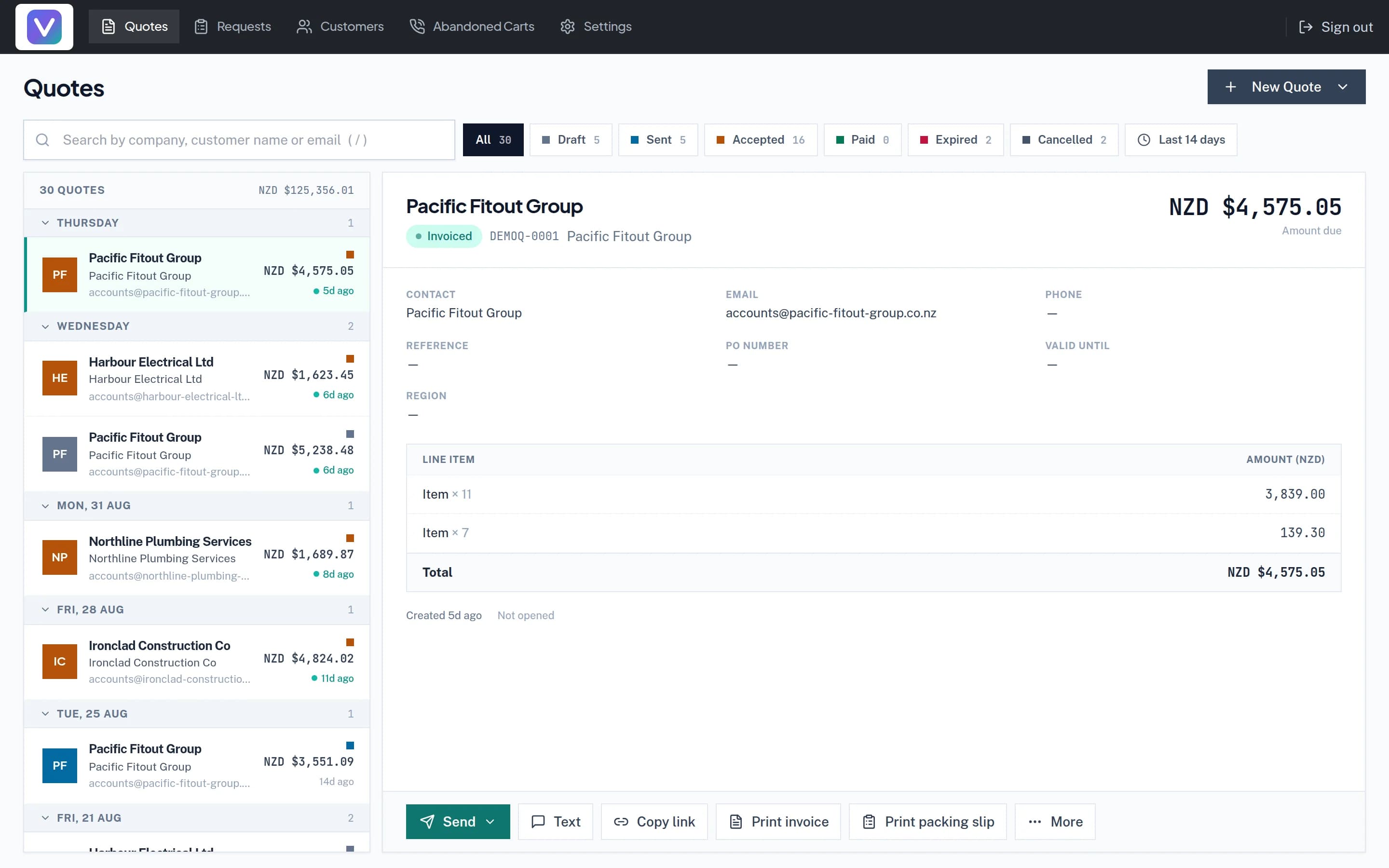 The quote builder showing line items, terms and a send-for-signature action